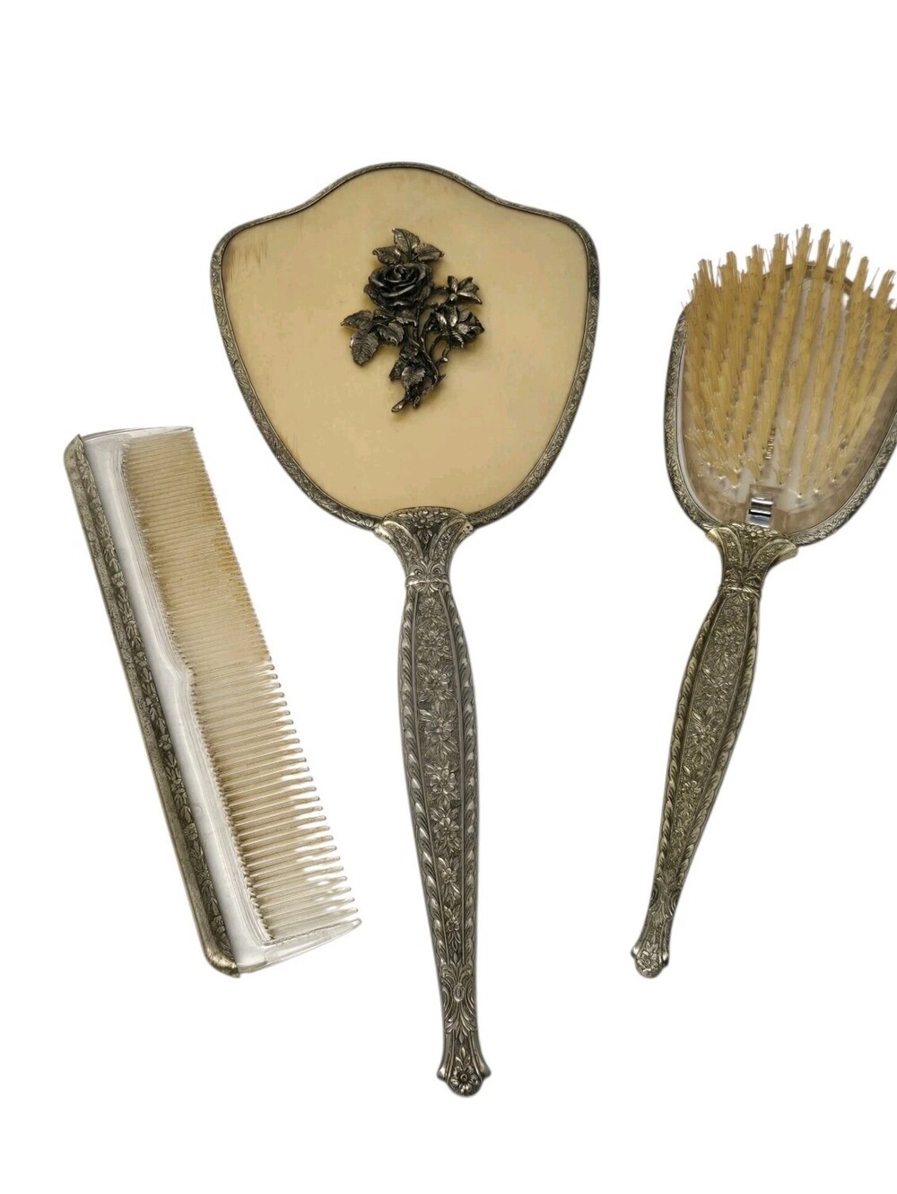 Antique Art Deco Gold Tone Vanity Set Roses Ornate Hand Mirror Brush Comb